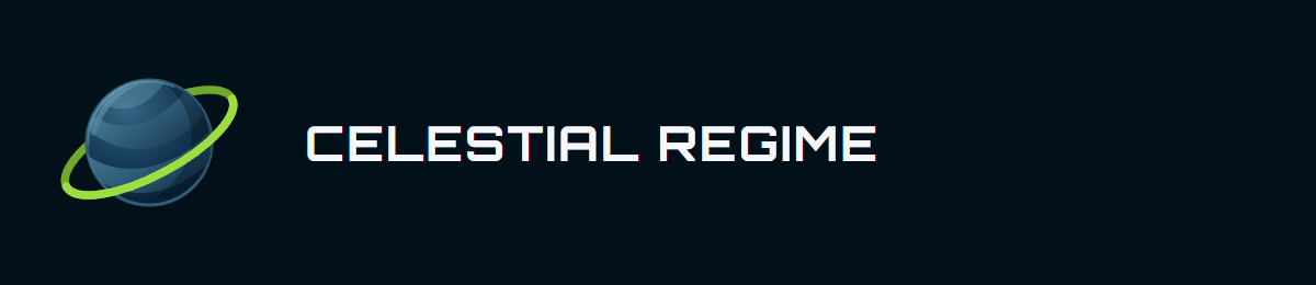 Celestial Regime title beside a blue planet with a green orbital ring, on a navy background.