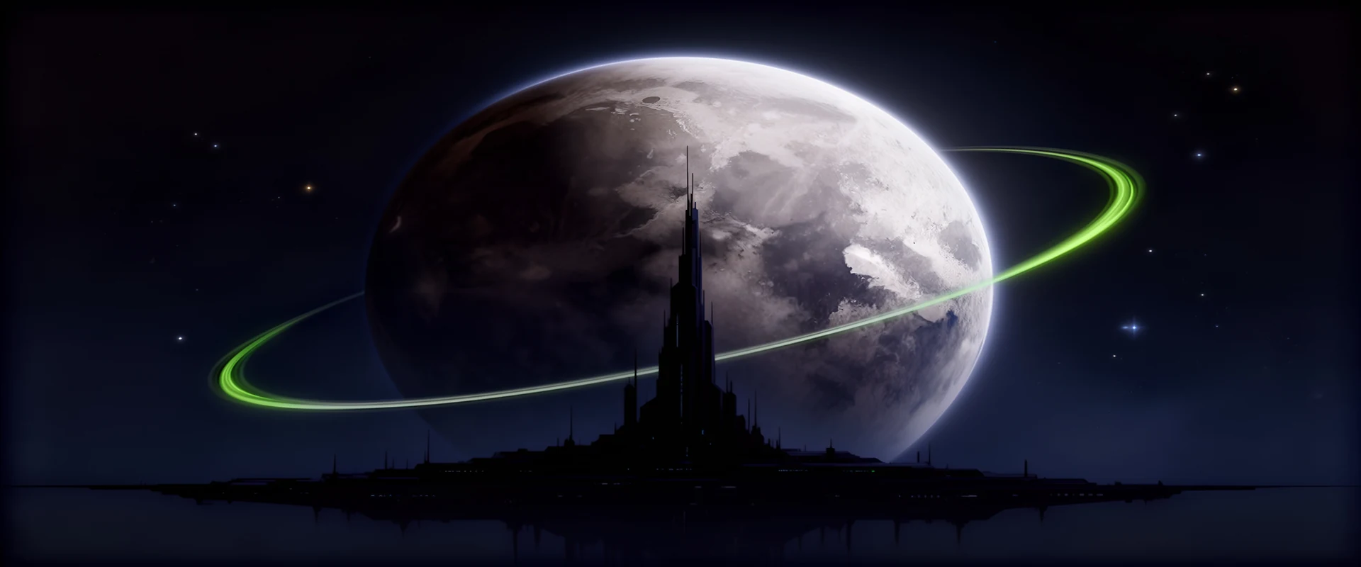 A silhouetted city beneath a planet with glowing green rings.