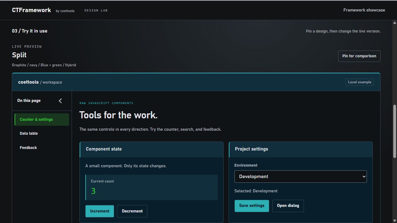 CTFramework's style-preview workspace in the Split theme, with side navigation, a counter, and project settings.