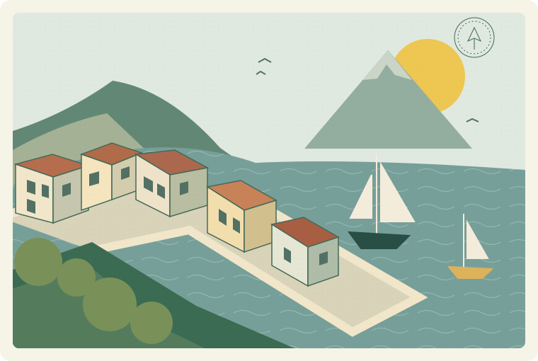 Colourful harbour buildings, green hills and sailboats beneath a yellow sun beside the Atlantic.