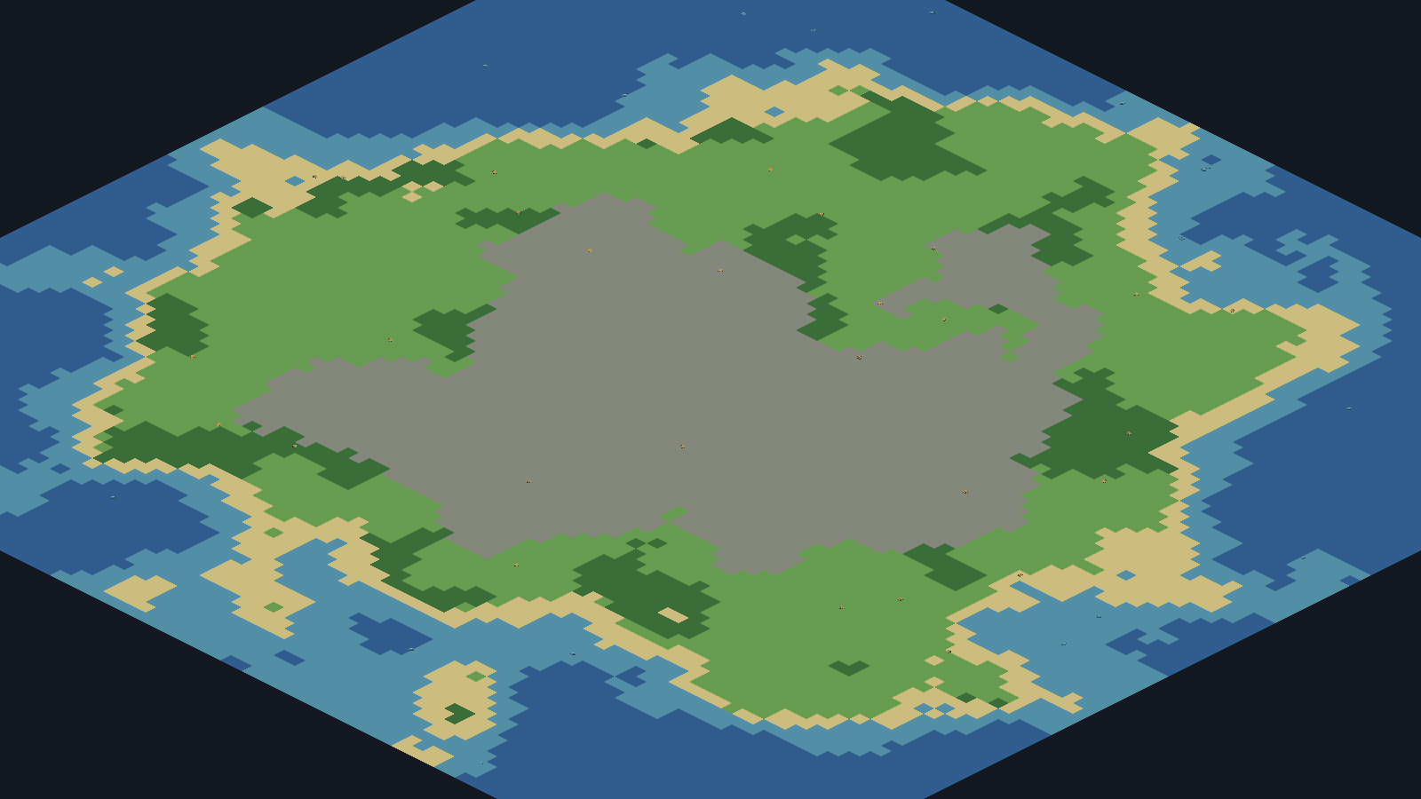 An isometric generated island with grass, forest, rock, sand, and surrounding water in World of Evolution.